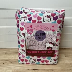 Hello Kitty Multicolored Hearts Queen Sheet Set 100% Cotton UNUSED